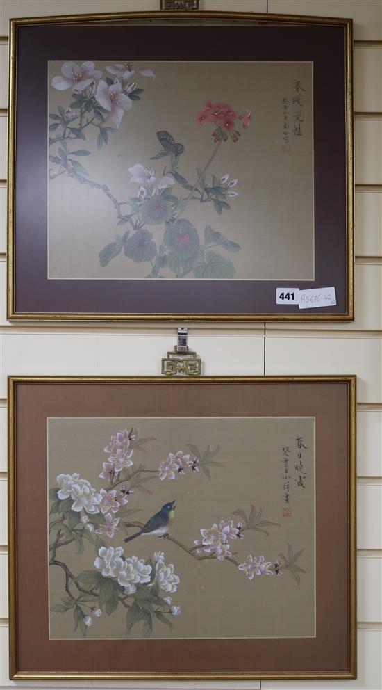 Chinese School, pair of gouache on silk, studies of birds, flowers and butterflies, 30 x 36cm